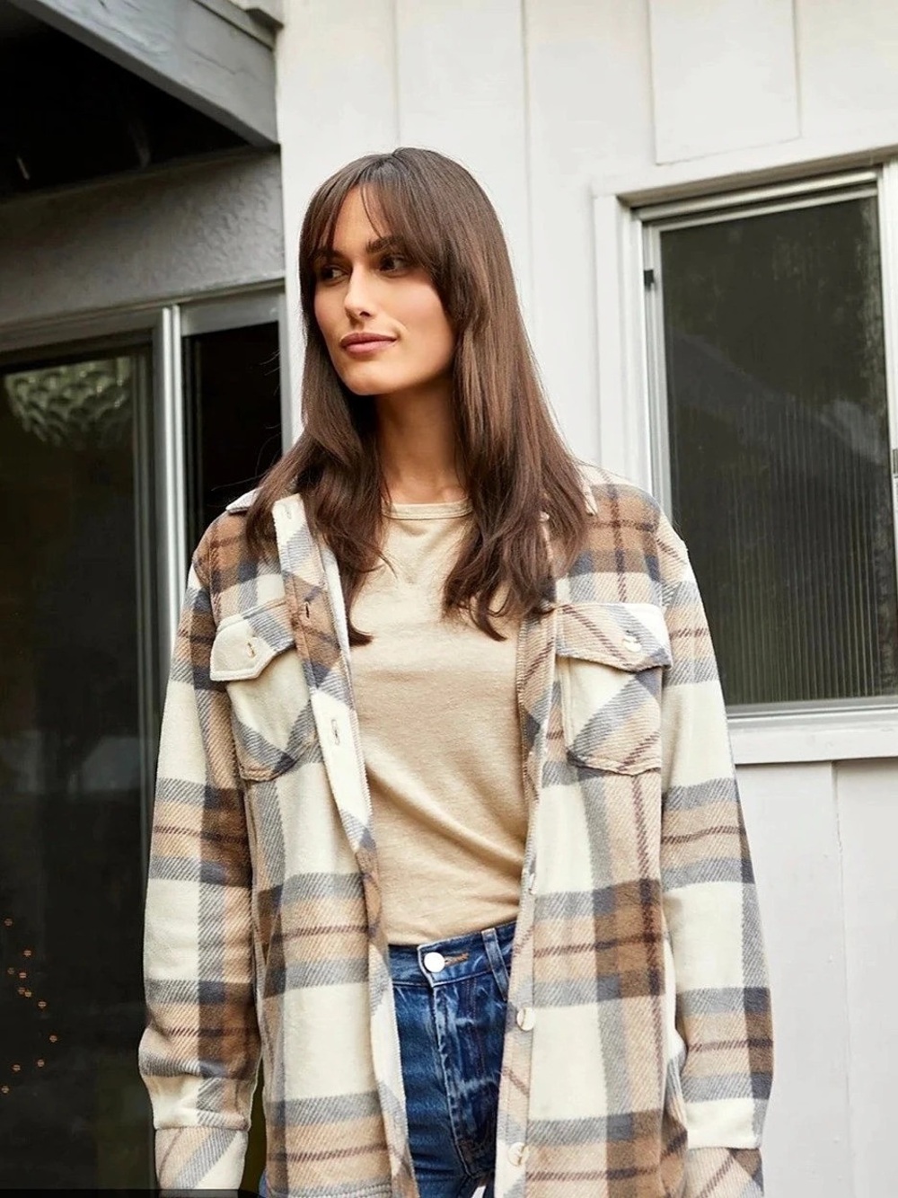 Thread & Supply Plaid Shacket Women's Plaid Utility Jacket in Cream & Brown